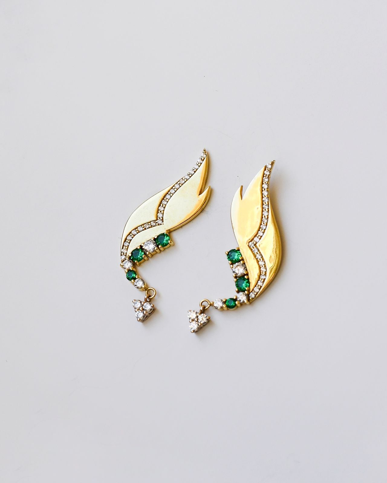 Flame of Elegance Earrings - 18K Gold with Emerald & Zircon (Custom Diamond Option)
