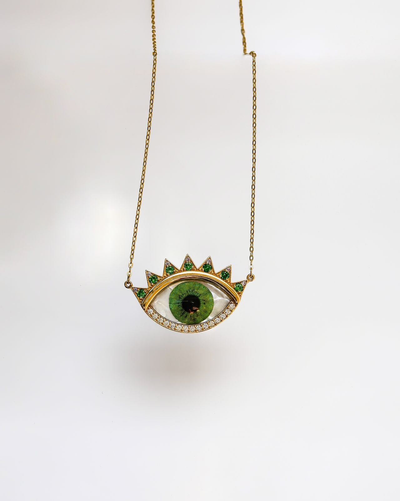 Eternal Gaze Necklace - Real Eye Print on Sea Shell with Diamond & Emerald | 18K Gold