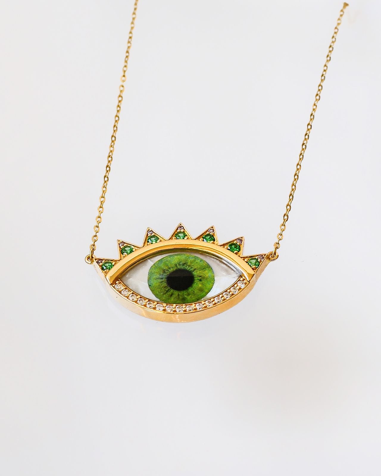 Eternal Gaze Necklace - Real Eye Print on Sea Shell with Diamond & Emerald | 18K Gold
