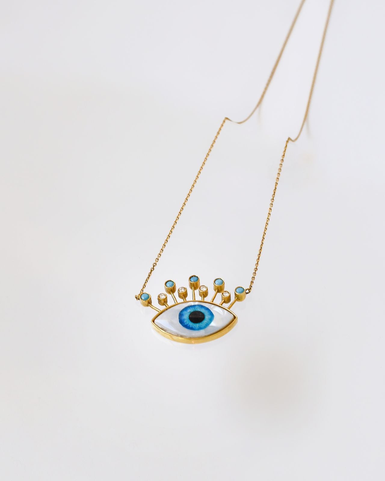 Divine Eye Necklace - 18K Gold with Real Eye Print, Turquoise & Diamonds