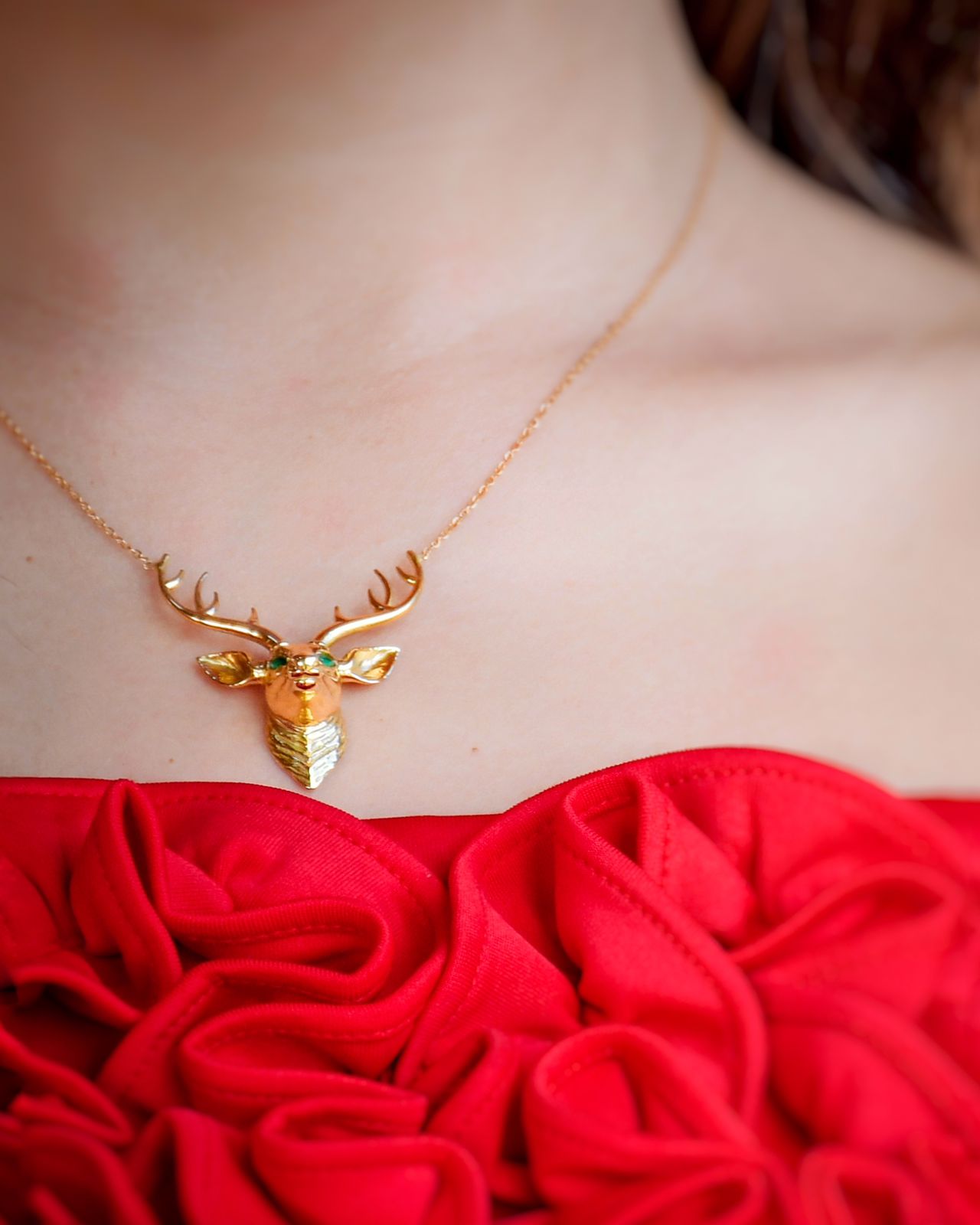 Majestic Stag Necklace - 18K Gold with Emerald Eyes