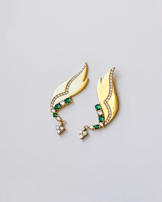 Flame of Elegance Earrings - 18K Gold with Emerald & Zircon (Custom Diamond Option)