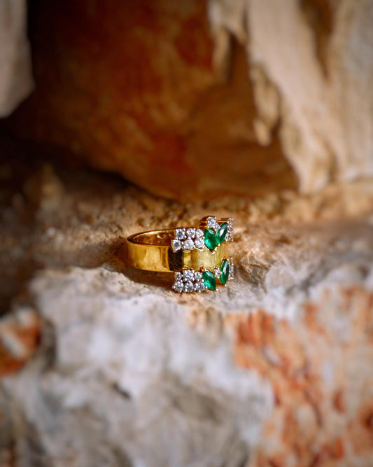 Golden Bloom Ring - 18K Gold with Emerald & Zircon (Optional Diamond Upgrade)