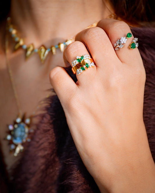 Golden Bloom Ring - 18K Gold with Emerald & Zircon (Optional Diamond Upgrade)