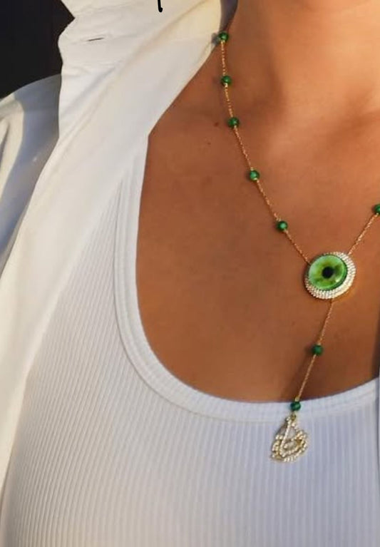 Hasnaa Misbaha - Malachite Beads with Real Eye Print & Custom Arabic Calligraphy | 18K Gold
