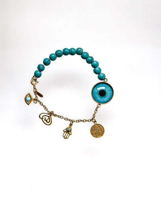 Guardian Eye Bracelet - 18K Gold with Real Eye Print & Turquoise Beads