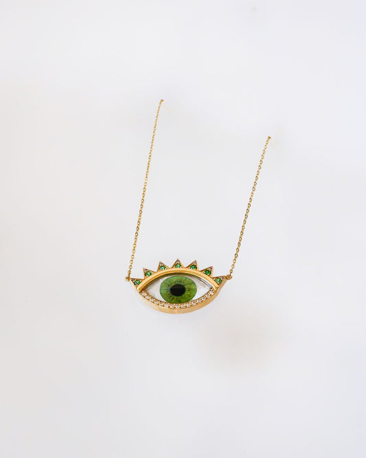 Eternal Gaze Necklace - Real Eye Print on Sea Shell with Diamond & Emerald | 18K Gold