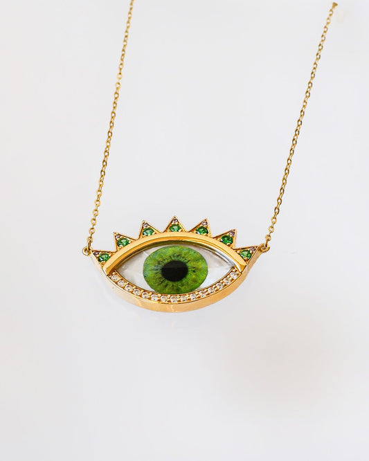 Eternal Gaze Necklace - Real Eye Print on Sea Shell with Diamond & Emerald | 18K Gold