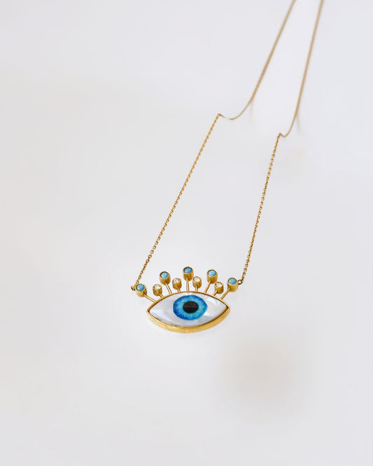Divine Eye Necklace - 18K Gold with Real Eye Print, Turquoise & Diamonds