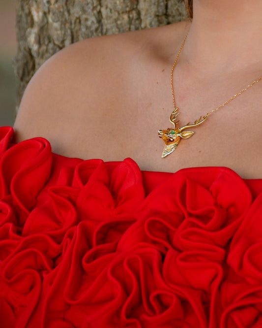 Majestic Stag Necklace - 18K Gold with Emerald Eyes