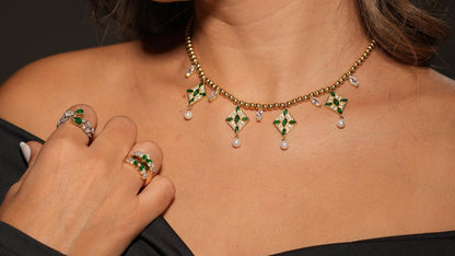 Arabian Geometric Elegance Necklace - 18K Gold with Zircon, Emerald & Gold Beads